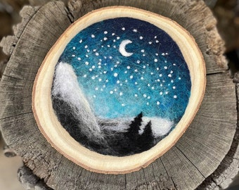 Needle-Felted Night Sky Landscape on Birch Slice