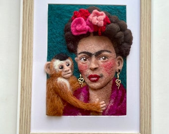 Handcrafted Needle Felted Frida Kahlo with Monkey Portrait