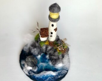 Needle-Felted Lighthouse on a Rocky Perch