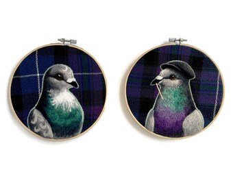 Tommy and Baguette - Handcrafted Needle Felted Pigeons on Embroidery Hoops