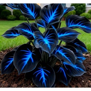 May include: A close-up of a plant with large, dark leaves and striking blue veins. The plant is set against a backdrop of green grass and soil. The leaves have a heart shape.