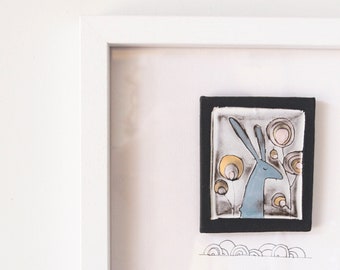 The Hare, modern, woodland animal wall art, blue Irish hare wall tile, ceramic hare wall art tile in black and white, simple, modern gift