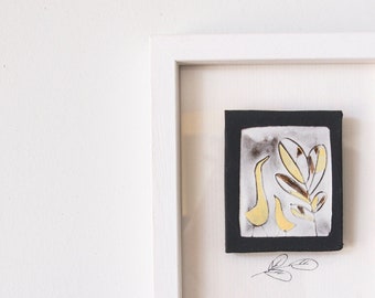 Two yellow chickens, ceramic wall picture, small framed relief tile, bird, wall art,  gift for kids room, home decor, wall art black white