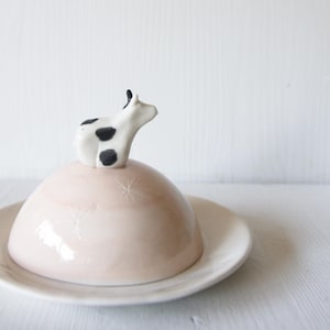 Cow Butter Dish. Porcelain dish for serving butter with hand sculpted cow figurine.