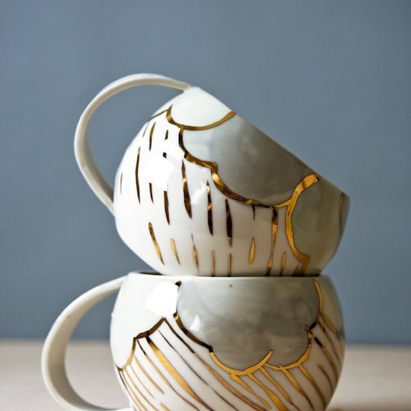 large tea cup, white and gold porcelain cups, handmade ceramic cup, rainy day mug, irish gifts, drinking cup, karoArt, irish pottery mug