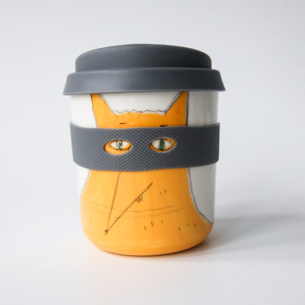 Fox Reusable Coffee Cup, Porcelain Travel Cup, Mug with no handles, funny keep cup, superhero ceramic cup, orange fox, woodland animal cup