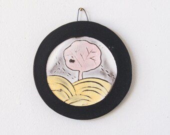 Tree of Life ceramic tile, round relief wall tile black, white, gold. Anniversary, small wedding, engagement gift, bereavement, birth gift.