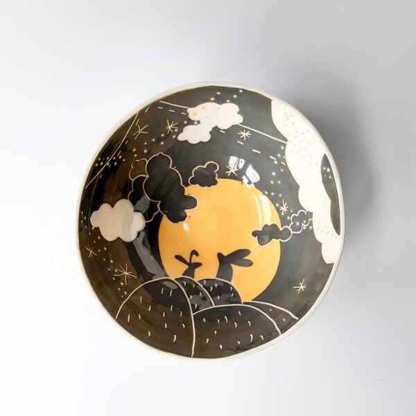 Large ceramic serving bowl, salad and mixing bowl, porcelain, illustrated with hares in the moonlight design in grey and yellow, unique.