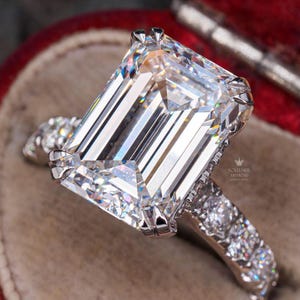 8.00 CT Emerald Cut Moissanite Ring, Hidden Halo Engagement Ring, White Gold Pave Diamond Band, Statement Wedding Ring, Gift For Her, Bling