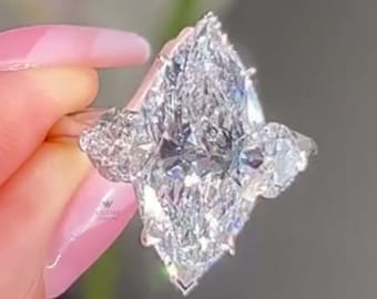 5.50 CT Marquise Moissanite Engagement Ring | White Gold Heart Accent Three Stone Ring | Massive Sparkle Bridal Jewelry | Anniversary Gift