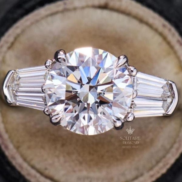 3.00 CT Round Moissanite Engagement Ring: Art Deco Double Baguette Band