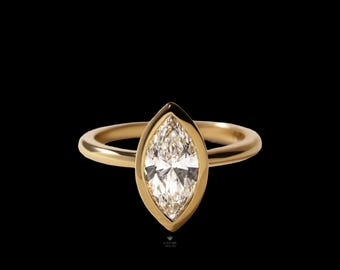 1.50ct Marquise Lab Diamond Engagement Ring , 14K Yellow Gold Bezel Set Solitaire Ring , Modern Marquise Cut Wedding Ring , IGI Certified