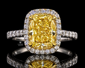 Elegant gul, radiantslipad diamantring i labb, förlovningsring med 3 karat utseende och halo, pavédiamantband, lyxigt bruduttalande, IGI-certifierad