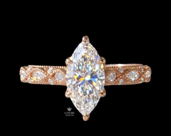 1,20 kt Marquise Lab diamanten verlovingsring, vintage Milgrain filigraanring, roségouden art-decobruiloft, verborgen halo-accent, IGI-gecertificeerd