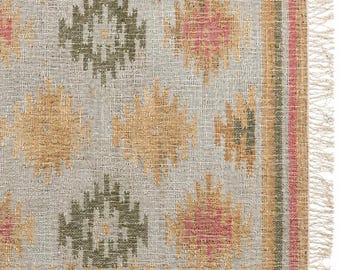 Handwoven Jute Kilim Rug | Earth Tone Boho Area Rug, Sage Green, Dusty Rose