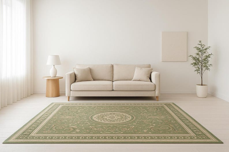 Sage Green Wool Rug – Hand-tufted Floral Medallion Carpet - Etsy