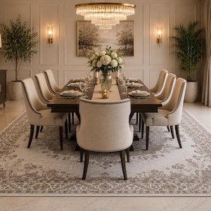 May include: A rectangular dining table with a dark wood finish, surrounded by eight upholstered chairs in a light beige fabric. The table is set with white plates, glassware, and a central floral arrangement, resting on a large, ornate area rug.