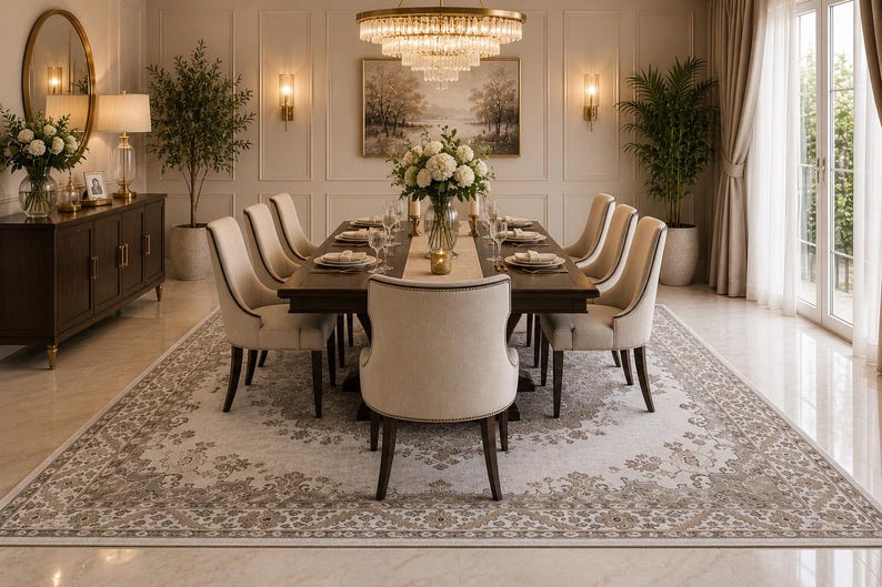 May include: A rectangular dining table with a dark wood finish, surrounded by eight upholstered chairs in a light beige fabric. The table is set with white plates, glassware, and a central floral arrangement, resting on a large, ornate area rug.