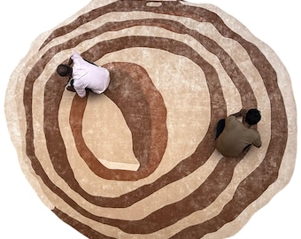 Hand-Tufted Abstract Round Rug | Organic Concentric Rings | Warm Beige & Brown Earth Tones