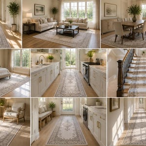 May include: A rectangular area rug featuring a cream-colored center with a detailed gray floral border and ornate medallion pattern. The rug is displayed in various home settings including hallways, living rooms, dining areas, and on a staircase.