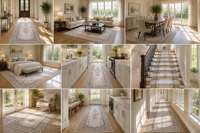 May include: A rectangular area rug featuring a cream-colored center with a detailed gray floral border and ornate medallion pattern. The rug is displayed in various home settings including hallways, living rooms, dining areas, and on a staircase.