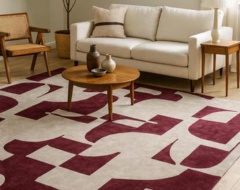 Tappeto in lana trapuntato a mano, tappeto astratto geometrico bordeaux e avorio