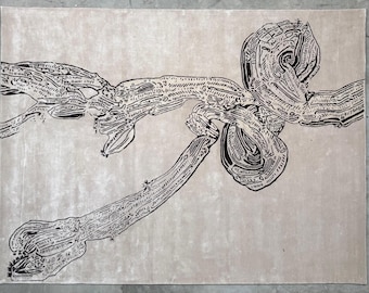 Alfombra de seda de tencel tejida a mano: arte lineal botánico abstracto