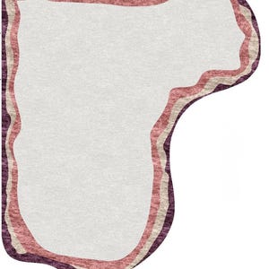 May include: A uniquely shaped rug with a light gray center, bordered by wavy lines of pink, beige, and deep purple. The rug's design features a soft, textured appearance, suitable for home decor.