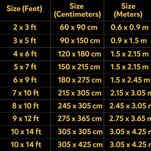 May include: A black chart with gold text detailing rug sizes. Sizes are listed in feet, centimeters, and meters. The smallest size is 2 x 3 ft (60 x 90 cm), and the largest is 10 x 14 ft (305 x 425 cm).