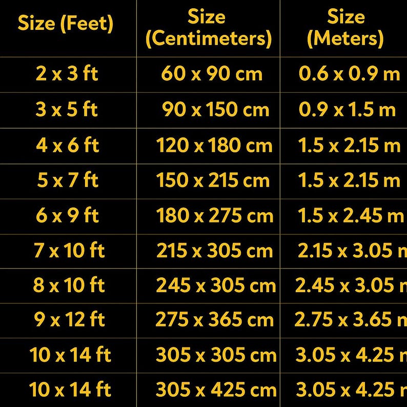 May include: A black chart with gold text detailing rug sizes. Sizes are listed in feet, centimeters, and meters. The smallest size is 2 x 3 ft (60 x 90 cm), and the largest is 10 x 14 ft (305 x 425 cm).