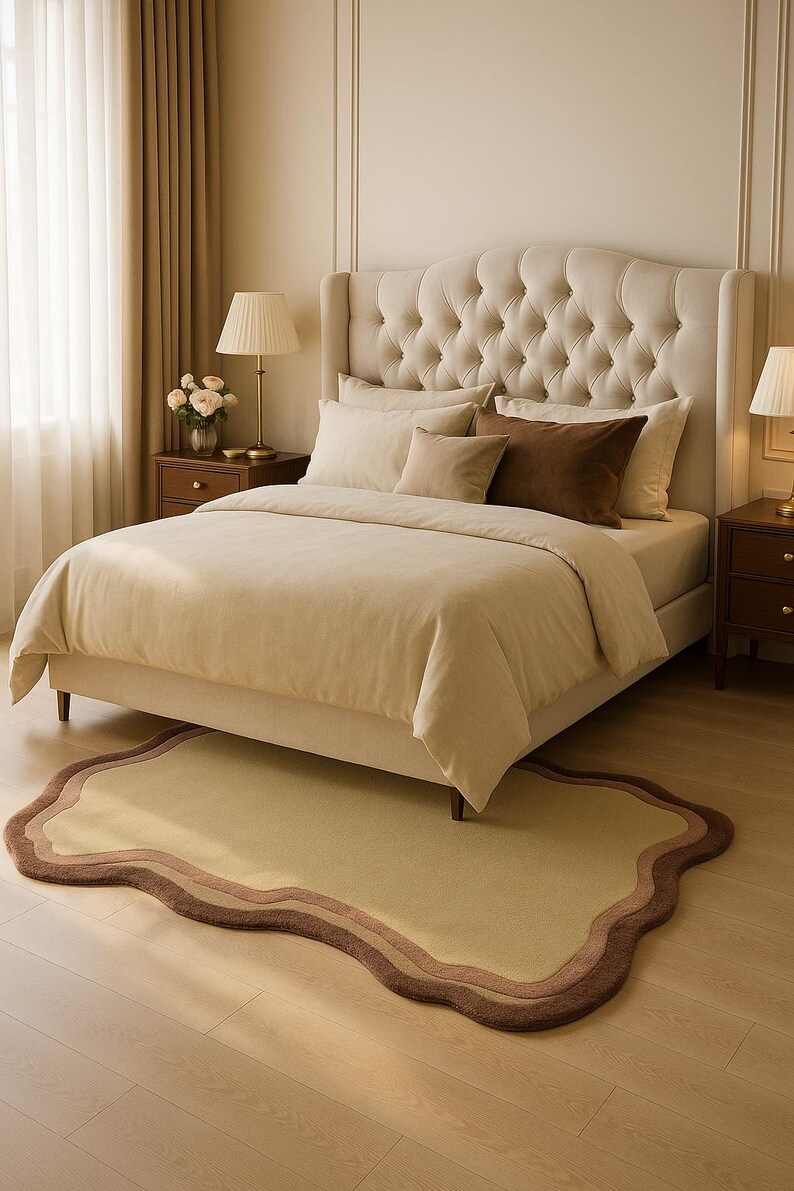 May include: A beige upholstered bed with a tufted headboard, adorned with pillows in varying shades of beige and brown. A matching rug with a wavy border in beige and brown tones sits at the foot of the bed. Two lamps flank the bed.