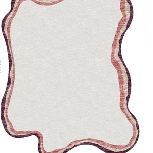 May include: A rectangular rug with an irregular, wavy border. The rug features a light gray center and a border with three bands of color: a dark purple outer band, a light pink middle band, and a beige inner band. The rug measures 164 cm in length.
