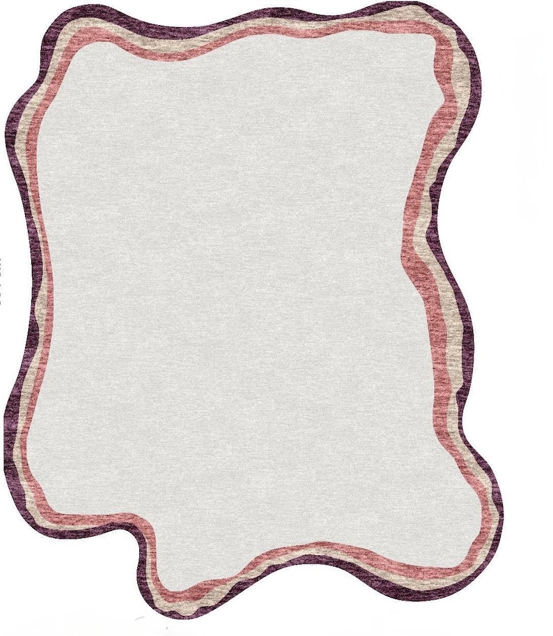 May include: A rectangular rug with an irregular, wavy border. The rug features a light gray center and a border with three bands of color: a dark purple outer band, a light pink middle band, and a beige inner band. The rug measures 164 cm in length.