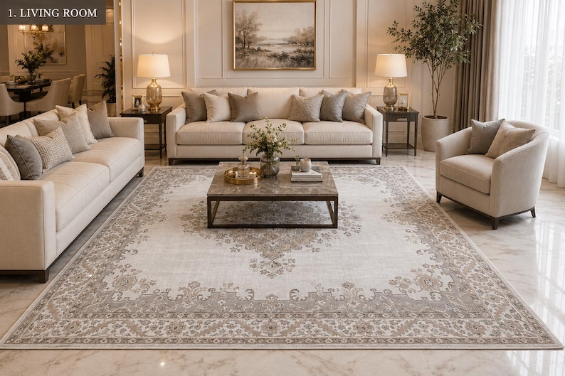 May include: A large rectangular area rug featuring a cream-colored center with a central medallion and a wide, ornate border in shades of beige and taupe. The rug displays a traditional floral pattern and is positioned in a living room setting.