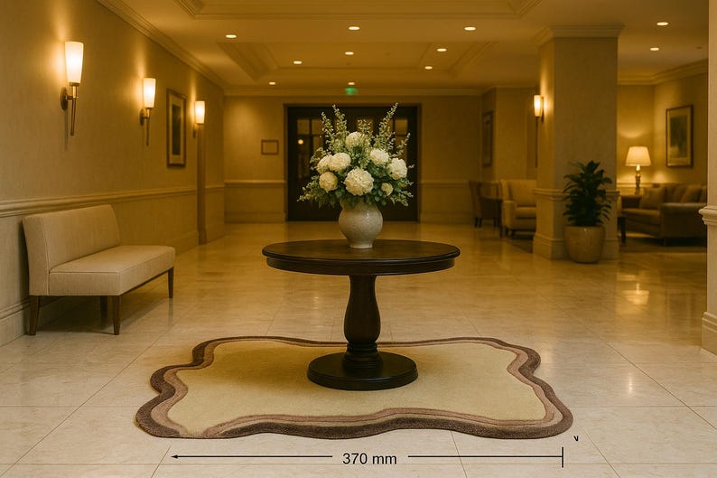 May include: A round, dark brown table with a vase of white flowers sits on a decorative rug in a well-lit hallway. The rug is approximately 14.5 inches wide. The hallway has a neutral color palette with sconce lighting.