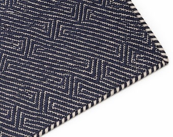 Navy Herringbone Cotton Runner Rug | Handwoven Flatweave Hallway Kitchen Entryway Rug