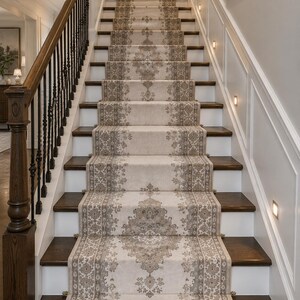 May include: A staircase runner featuring a light beige background with intricate, symmetrical taupe and gray damask patterns running down the center and along the borders, installed over dark wood steps with white risers and a black metal railing.