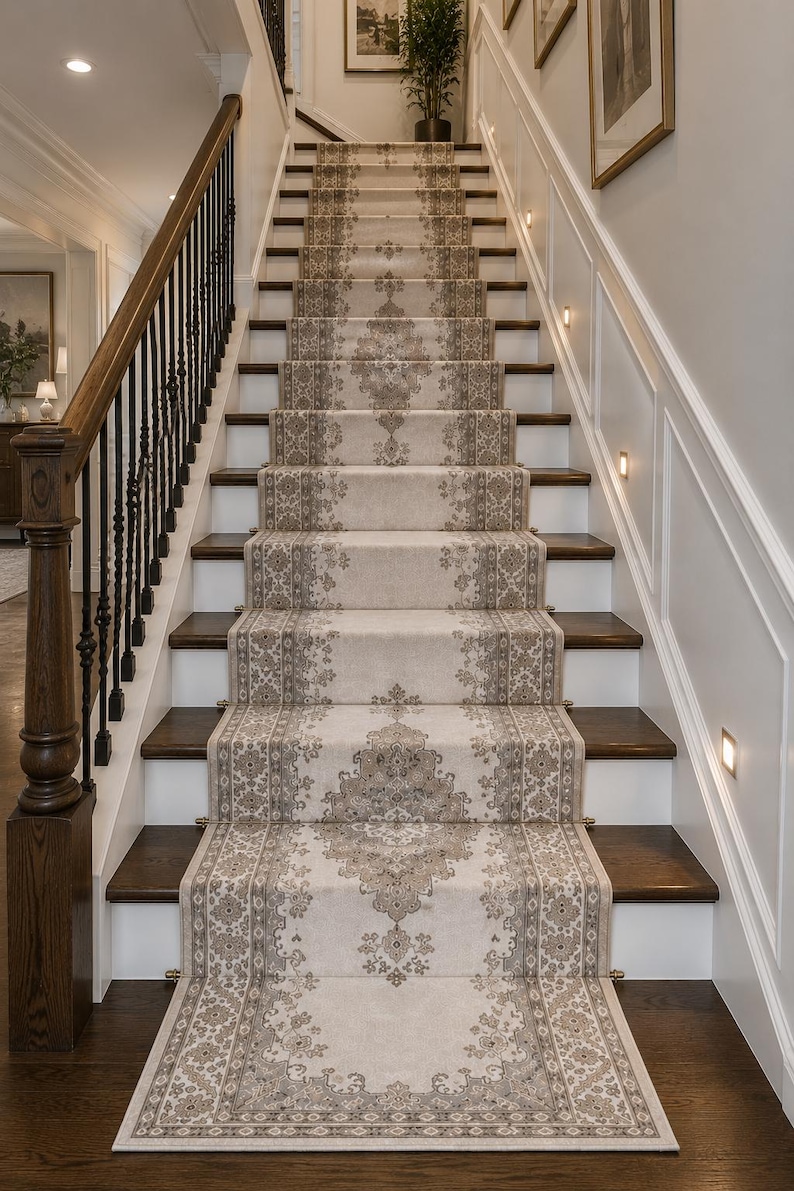 May include: A staircase runner featuring a light beige background with intricate, symmetrical taupe and gray damask patterns running down the center and along the borders, installed over dark wood steps with white risers and a black metal railing.
