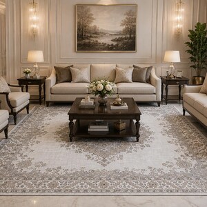 May include: A living room set featuring two beige upholstered armchairs, a three-seater sofa, and a matching loveseat with dark wood frames. A dark wood coffee table sits on a large, rectangular area rug with a beige and gray floral pattern.