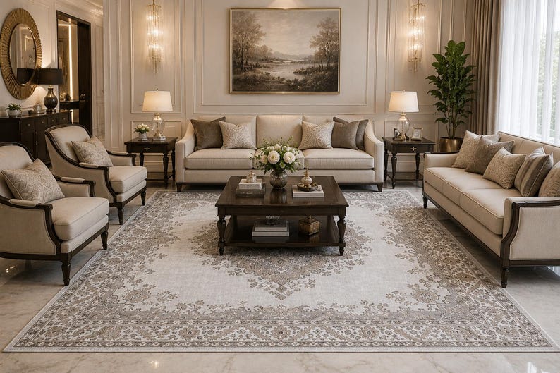 May include: A living room set featuring two beige upholstered armchairs, a three-seater sofa, and a matching loveseat with dark wood frames. A dark wood coffee table sits on a large, rectangular area rug with a beige and gray floral pattern.
