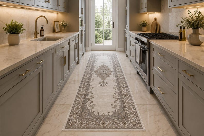 May include: A long, rectangular runner rug featuring a cream-colored center with a detailed, symmetrical gray floral medallion pattern and a matching ornate border, positioned on a light-colored floor between two rows of gray kitchen cabinets.