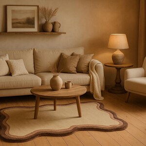 May include: A cozy living room scene with a beige sofa, armchair, and a round wooden coffee table. A rug with a wavy edge and a lamp with a beige lampshade add to the warm, inviting atmosphere. Decorative vases and a framed landscape painting complete the decor.