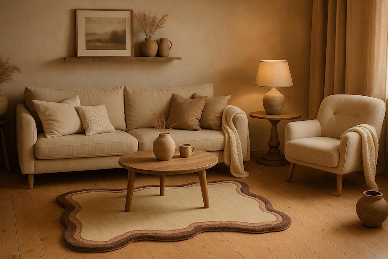 May include: A cozy living room scene with a beige sofa, armchair, and a round wooden coffee table. A rug with a wavy edge and a lamp with a beige lampshade add to the warm, inviting atmosphere. Decorative vases and a framed landscape painting complete the decor.