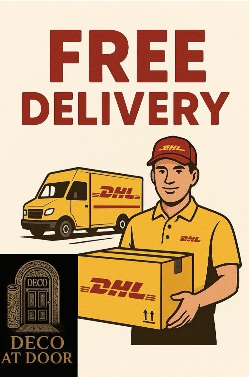 May include: Illustration of a DHL delivery person holding a package, with a yellow DHL van in the background. The words "FREE DELIVERY" are in large red letters at the top. The image also includes the text "DECO AT DOOR".