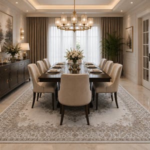 May include: A formal dining room featuring a dark wood rectangular table surrounded by eight upholstered beige chairs. A large, intricate light-colored area rug with a floral border sits beneath the table. A brass chandelier hangs above.