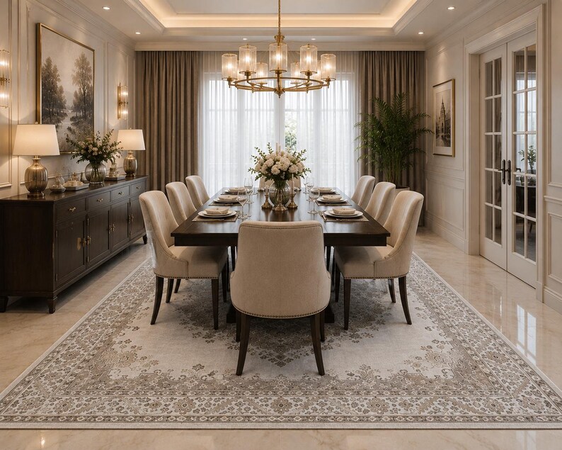 May include: A formal dining room featuring a dark wood rectangular table surrounded by eight upholstered beige chairs. A large, intricate light-colored area rug with a floral border sits beneath the table. A brass chandelier hangs above.