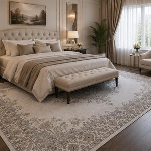 May include: A large rectangular area rug featuring a cream-colored center and a wide, intricate border with floral and vine patterns in shades of taupe and gray. The rug is positioned on a dark wood floor beneath a tufted bed and a bench.