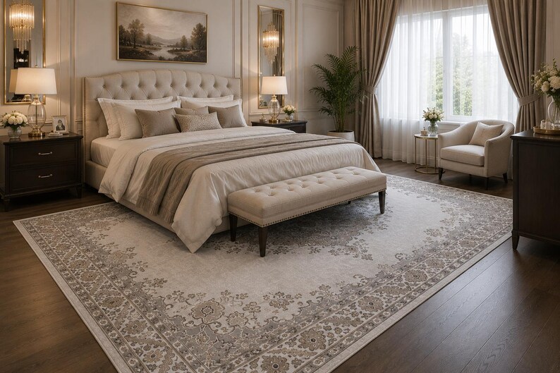 May include: A large rectangular area rug featuring a cream-colored center and a wide, intricate border with floral and vine patterns in shades of taupe and gray. The rug is positioned on a dark wood floor beneath a tufted bed and a bench.