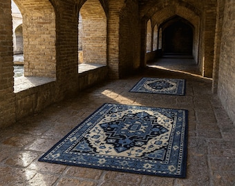 Hand-Knotted Wool Oushak Rug: Eros Blue & Red Turkish Design