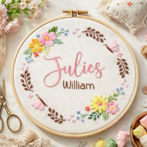 Aro bordado personalizado con nombre de bebé, adorno bordado con nombre de bebé, arte floral para guardería y regalo para baby shower, regalo para recién nacido, anuncio de bebé
